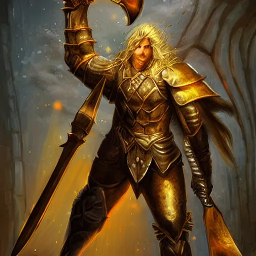 Image similar to a portrait of a giant golden axe, an axe weapon, epic fantasy style art, fantasy epic digital art, epic weapon art