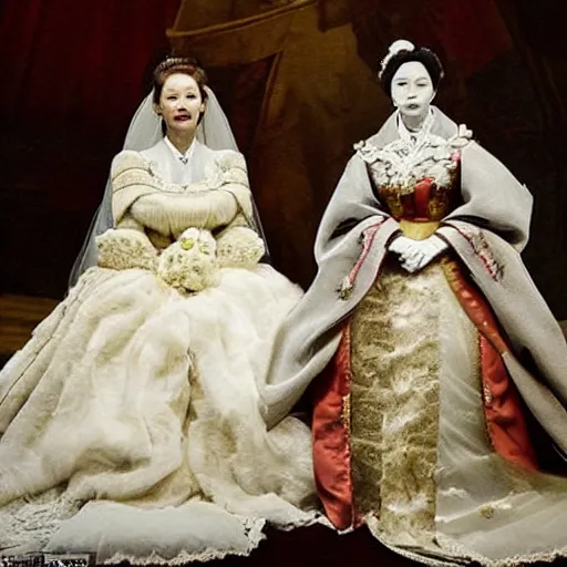 Prompt: A royal bridal ensemble is shown in a museum in a 1900s historical fantasy photograph that combines Russian and Japanese influences.