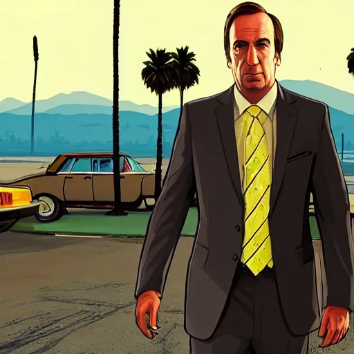 Image similar to Saul Goodman in GTA V . Los Santos in the background, palm trees. In the art style of Stephen Bliss.