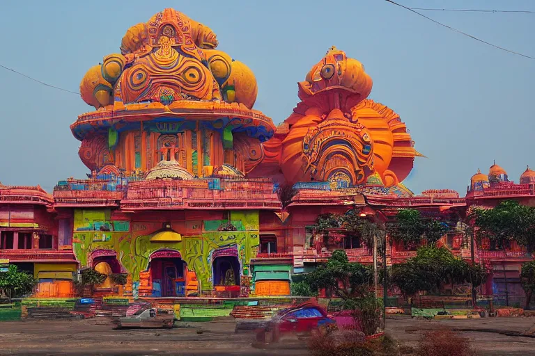 Image similar to gorgeous dreamscape! biomorphic new delhi, hanuman!! head building, kalighat, octane highly detailed cinematic, stephen shore & john j. park, soft morning light, wide shot, high angle, uhd 8 k, deep focus