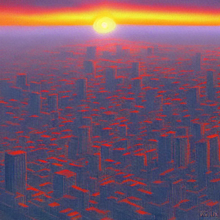 Image similar to birdseye view of a sunrise over a city, art by wain louis