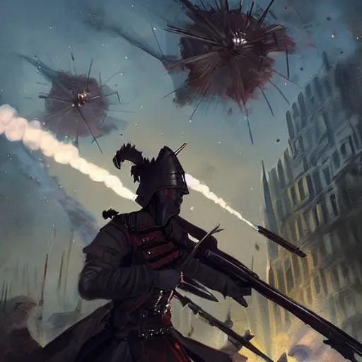 Prompt: magic cannons shotting. Magic muskets shooting at night in a revolution. 1700 style, symmetric face, hyperrealism, epic fantasy digital art, fantasy style art, by Greg Rutkowski, fantasy magic the gathering card art style