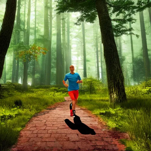 Prompt: sporty guy in acid-green sneakers, runs alone through a forest of giants with trees reaching into space, fantasy artwork, very beautiful scenery, hd, hdr, ue5, ue6, unreal engine 5, cinematic 4k wallpaper, 8k, ultra detailed, high resolution, artstation, award winning,