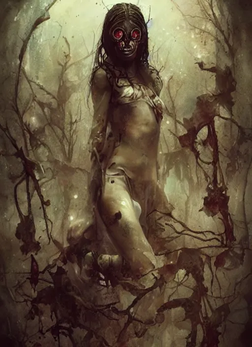 Image similar to a horror tarot card design with intricate details of soul leaving the body :: bastien lecouffe deharme