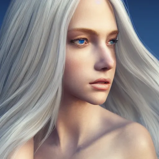 portrait of a woman, long blonde hair, blue eyes