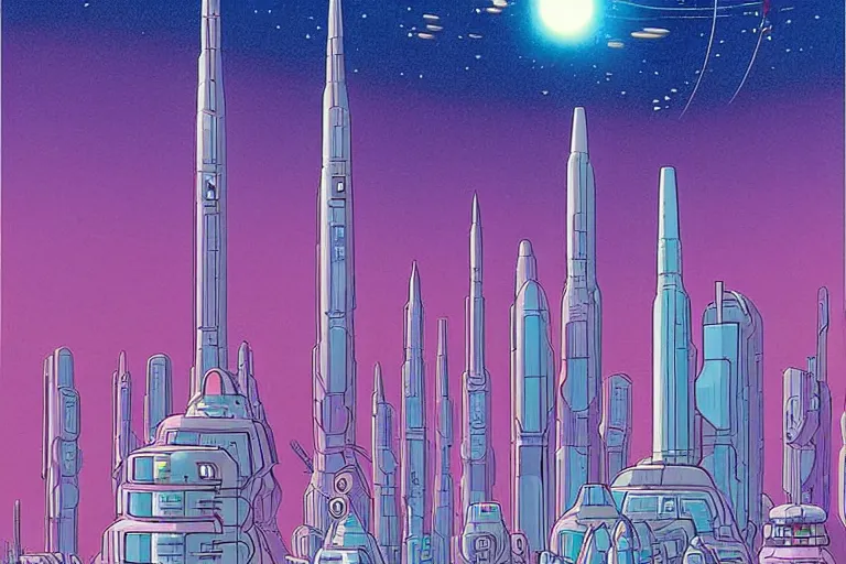 Prompt: a scifi illustration, Galactic City on Coruscant. flat colors, limited palette, heavy line work in FANTASTIC PLANET La planète sauvage animation by René Laloux