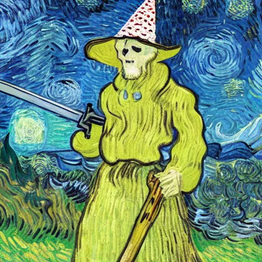 Image similar to ghost wearing a party hat and holding a sword in a japanese garden, van gogh painting,