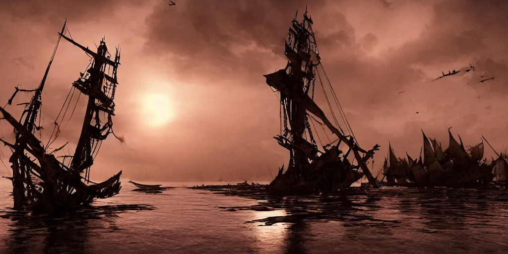 Image similar to shipwrecked spanish galleon, mast and tattered sails, sinking in the mekong delta, sunset, clouds, moonlight, wrecked sunken pirate ship in river, tall mast, shipwrecks, deconstructed ship, pirate symbol, ghost ship, vietnamese fishing boats, cinematic lighting, hyper realistic, mist, octane render, 8 k volumetric, hyper detailed, ripples, reflections