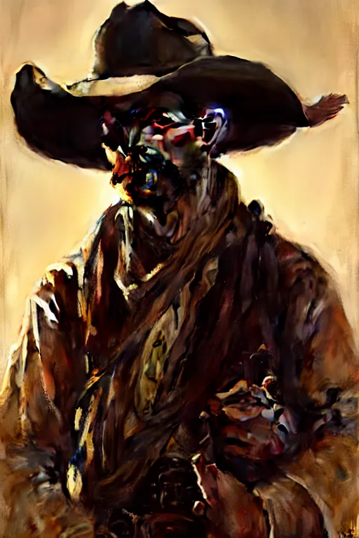 Image similar to hyperrealist portrait of a cowboy by jeremy mann and alphonse mucha, fantasy art, photo realistic, dynamic lighting, artstation, poster, volumetric lighting, very detailed faces, 4 k, award winning