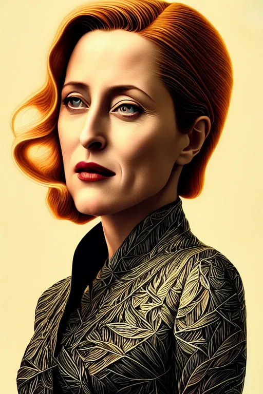 Image similar to young gillian anderson portrait, art deco, x - files, intricate art deco leaf designs, elegant, highly detailed, sharp focus, art by artgerm and beeple and greg rutkowski and wlop