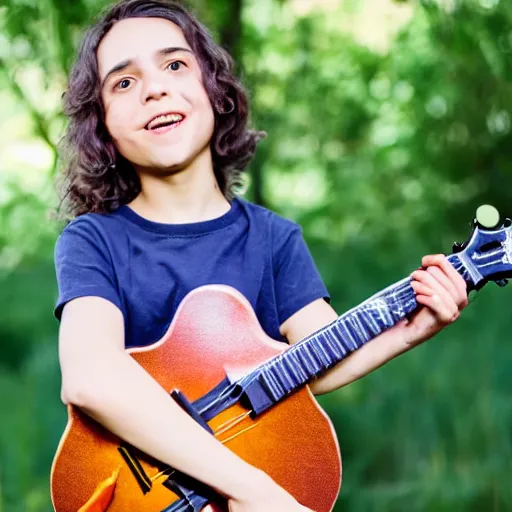 Image similar to a photo of a boy with long hair playing mandolin in the wilderness