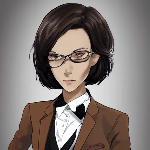 Image similar to woman in black business suit, chill, light brown neat hair, pixiv, fanbox, trending on artstation, portrait, digital art, modern, sleek, highly detailed, formal, serious, determined, lawyer, colorized, smooth, charming, pretty, safe for work