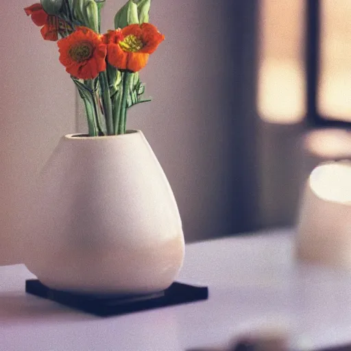 Prompt: telelens photo of a vase on a table, pentax k1000