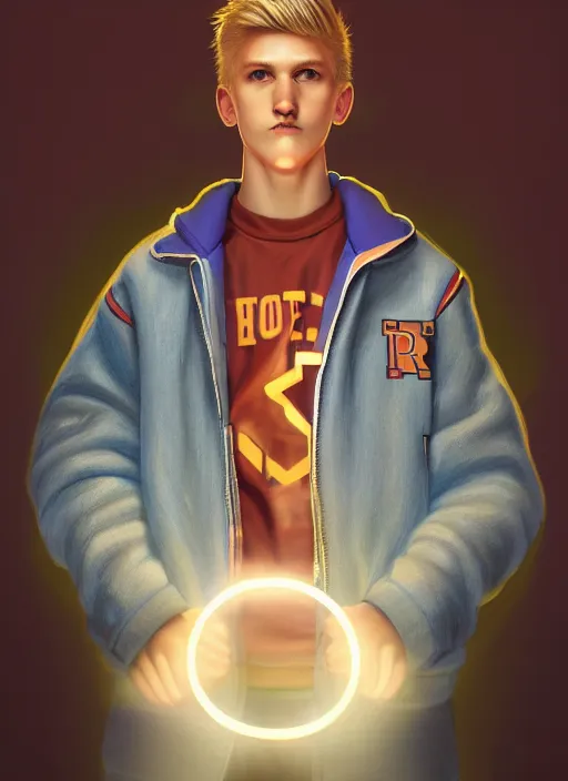 Image similar to portrait of high school senior boy named big moose, blonde short hair, jock, beefy, wide face, square jaw, square facial structure, blue varsity jacket with letter r, intricate, elegant, glowing lights, highly detailed, digital painting, artstation, concept art, sharp focus, illustration, art by wlop, mars ravelo and greg rutkowski