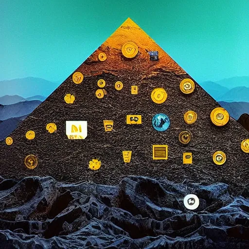 Image similar to a mountain made out of computer screens that display bitcoin logos, cinematic, post - apocalyptic landscape, harsh contrast lighting, in the style of surrealism, made by salvador dali