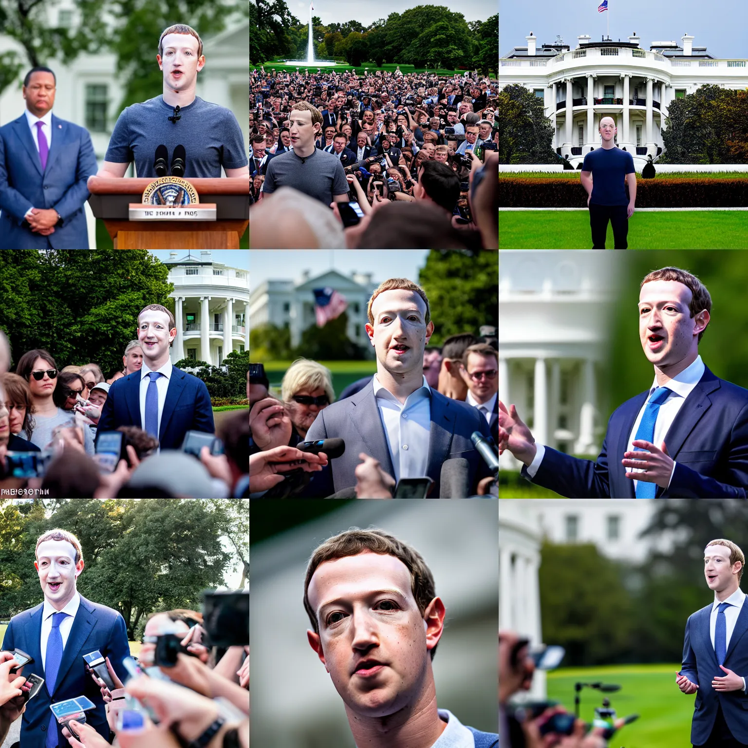 Prompt: headshot of Mark Zuckerberg as the president of the united states speaking to reporters on the white house lawn, EOS-1D, f/1.4, ISO 200, 1/160s, 8K, RAW, unedited, symmetrical balance, in-frame, Photoshop, Nvidia, Topaz AI