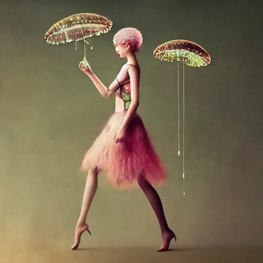 Image similar to asian female wearing luminous jelly fish armor. soft, fragile. by ray caesar. by louise dahl - wolfe. by andrea kowch. by anna claren. surreal photography