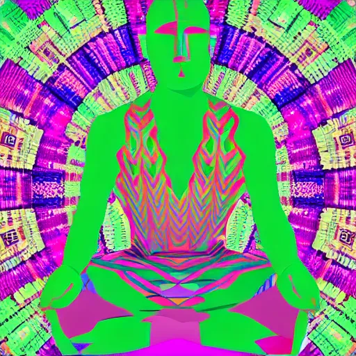 Image similar to A beautiful digital art of a man with a large head, sitting in what appears to be a meditative pose. His eyes are closed and he has a serene look on his face. His body is made up of colorful geometric shapes and patterns that twist and turn in different directions. It's almost as if he's sitting in the middle of a kaleidoscope! cool green by Frida Kahlo, by Chris Cunningham, by Octavio Ocampo