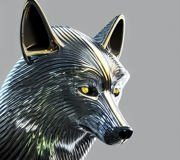 Image similar to chrome and gold wolf, glossy, metallic, neon, symmetrical, tribal patterns, realistic, unreal engine, octane, redshift, artstation, behance