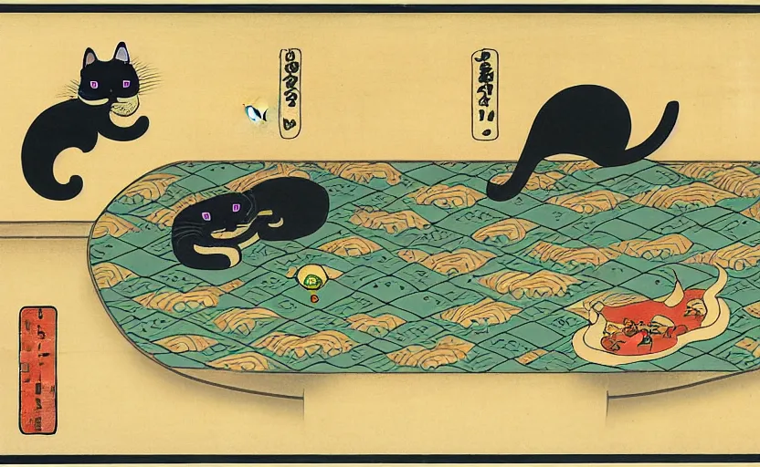 Image similar to business dashboard with time series charts, pie plots and other modern graphics, with small creatures swimming on it. diego rivera ( in ukiyo - e style ). ravi supa. cat