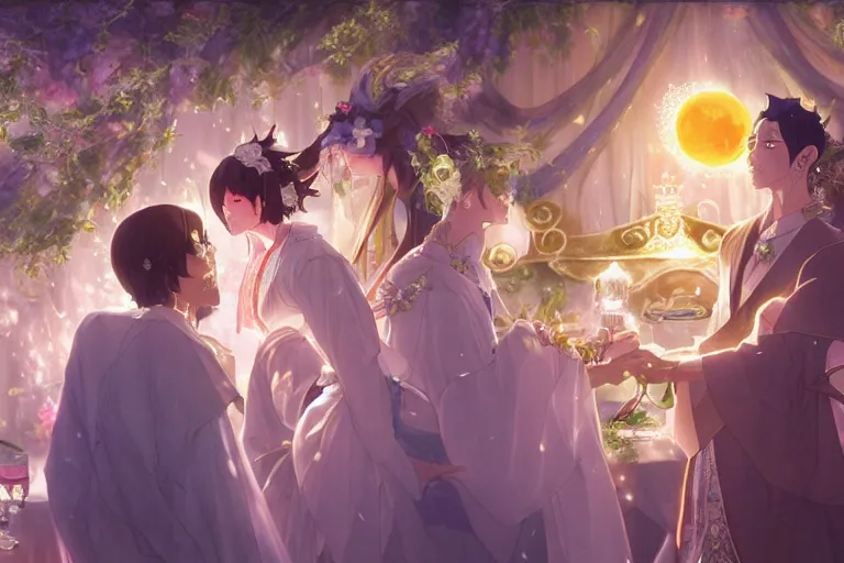 Image similar to a dreamlike portrait of wedding close up moment of a divine a japan sun god and moon goddess lovers magician at a wedding banquet. highly detailed, digital painting, fantasy wedding screen, 8 k realistic, hyper detailed, by makoto shinkai and akihiko yoshida and hidari and wlop