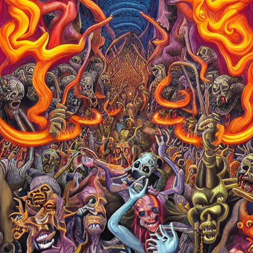 Image similar to digital painting of demons in rave party in hell by Chor Boogie, intricate details, ultra detailed, 4K, award-winning, touch of M. C. Escher