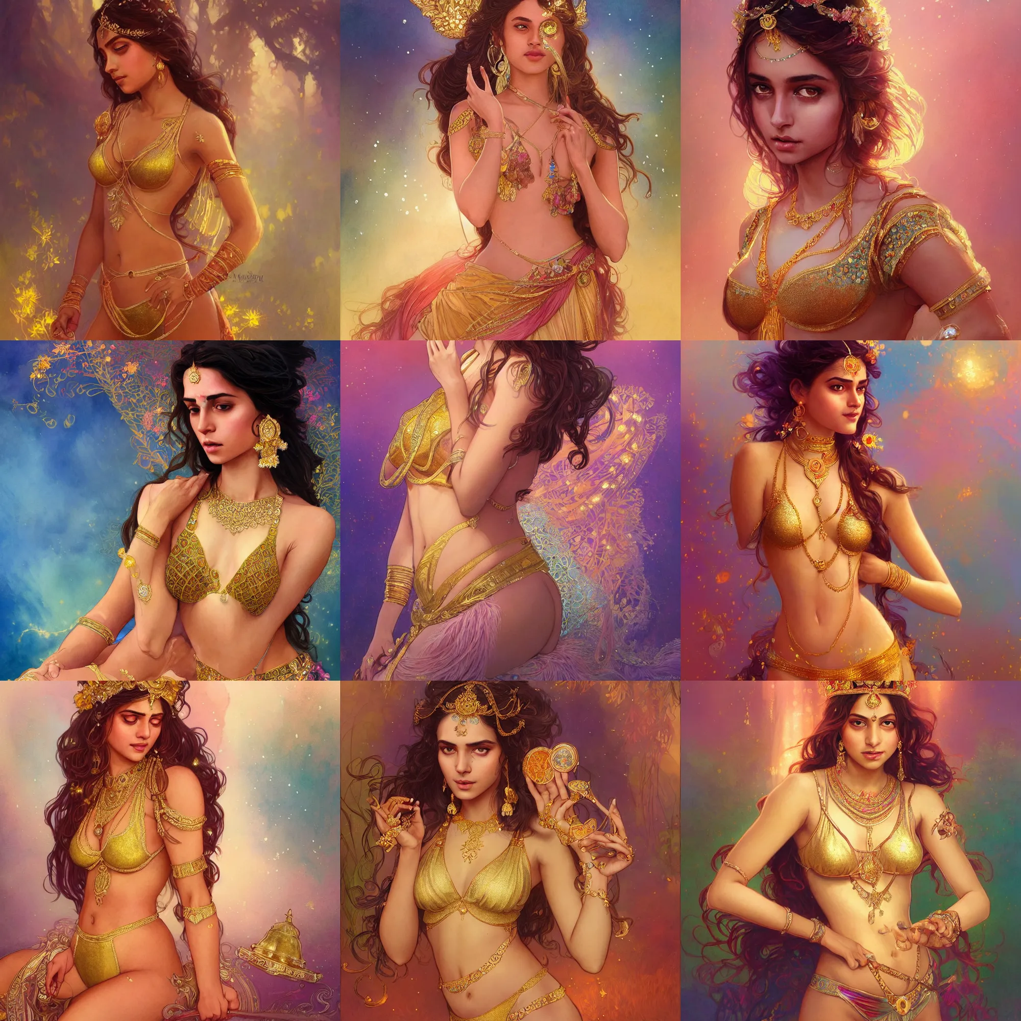 Prompt: beautiful alluring indian princess with sparkling eyes, full body portrait, highly detailed, gold intricate bikini, fantasy, soft cinematic lighting, award, disney concept art, watercolor illustration by mandy jurgens and alphonse mucha and alena aenami, pastel color palette, featured on artstation