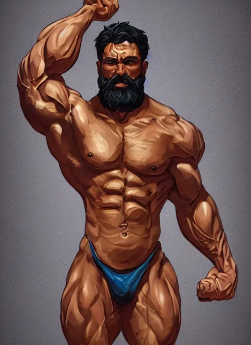 Prompt: a highly detailed illustration of short haired shirtless bearded god, heroically flexing bodybuilding 3/4 back pose, muscular, intricate, elegant, highly detailed, centered, digital painting, artstation, concept art, smooth, sharp focus, league of legends concept art, WLOP