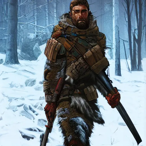 Prompt: A comic book style portrait painting of a male survivalist warrior in a a post apocalyptic winter landscape, unreal 5, DAZ, hyperrealistic, octane render, RPG portrait, ambient light, dynamic lighting