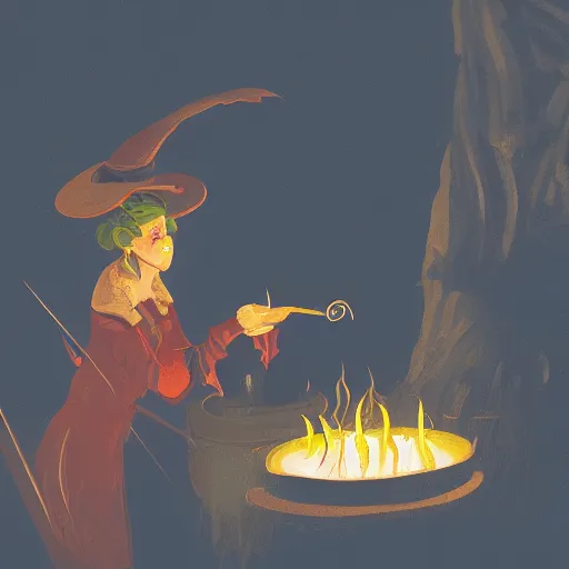 Image similar to a witch adding ingredients to her cauldron, concept art, ambient lighting lit only by the fires glow