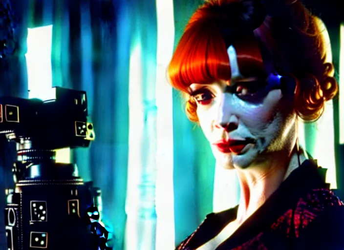 Image similar to filmstill of christina hendricks in bladerunner wearing a cyberpunk costume, 1 0 0 mm lens, canon eos, red cinema camera, frontal view, dynamic pose, intricate, elegant, highly detailed, centered, redshift, octane, smooth, sharp focus, zeiss lens,