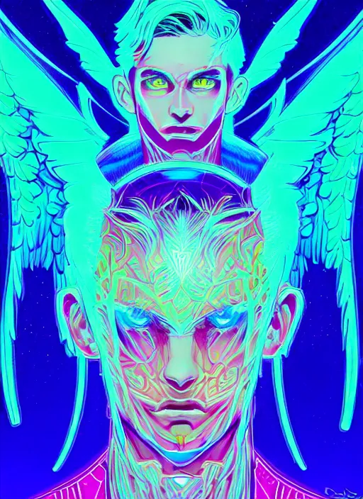 Prompt: symmetry!! concept art, art by dan mumford!!, full shot, sketch!! of a male angel, intricate, elegant, bright neon colors, glowing lights, highly detailed, digital painting, artstation, glamour pose, smooth, sharp focus, illustration,