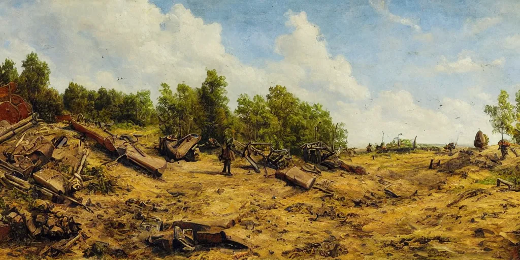 Image similar to landscape scene of an eastern front battlefield, summertime, distant destroyed smoking tank, sandbags, trenches, craters, romanticist oil painting