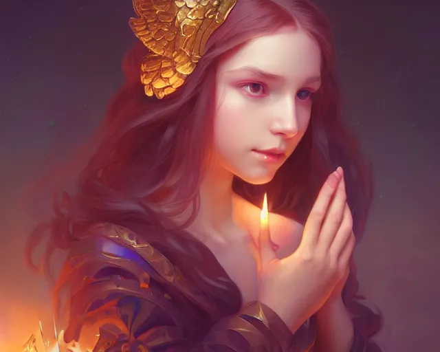 Image similar to sweet innocent kind loving angel girl, photography of kurzgesagt, deep focus, d & d, fantasy, intricate, elegant, highly detailed, digital painting, artstation, concept art, matte, sharp focus, illustration, hearthstone, art by artgerm and greg rutkowski and alphonse mucha