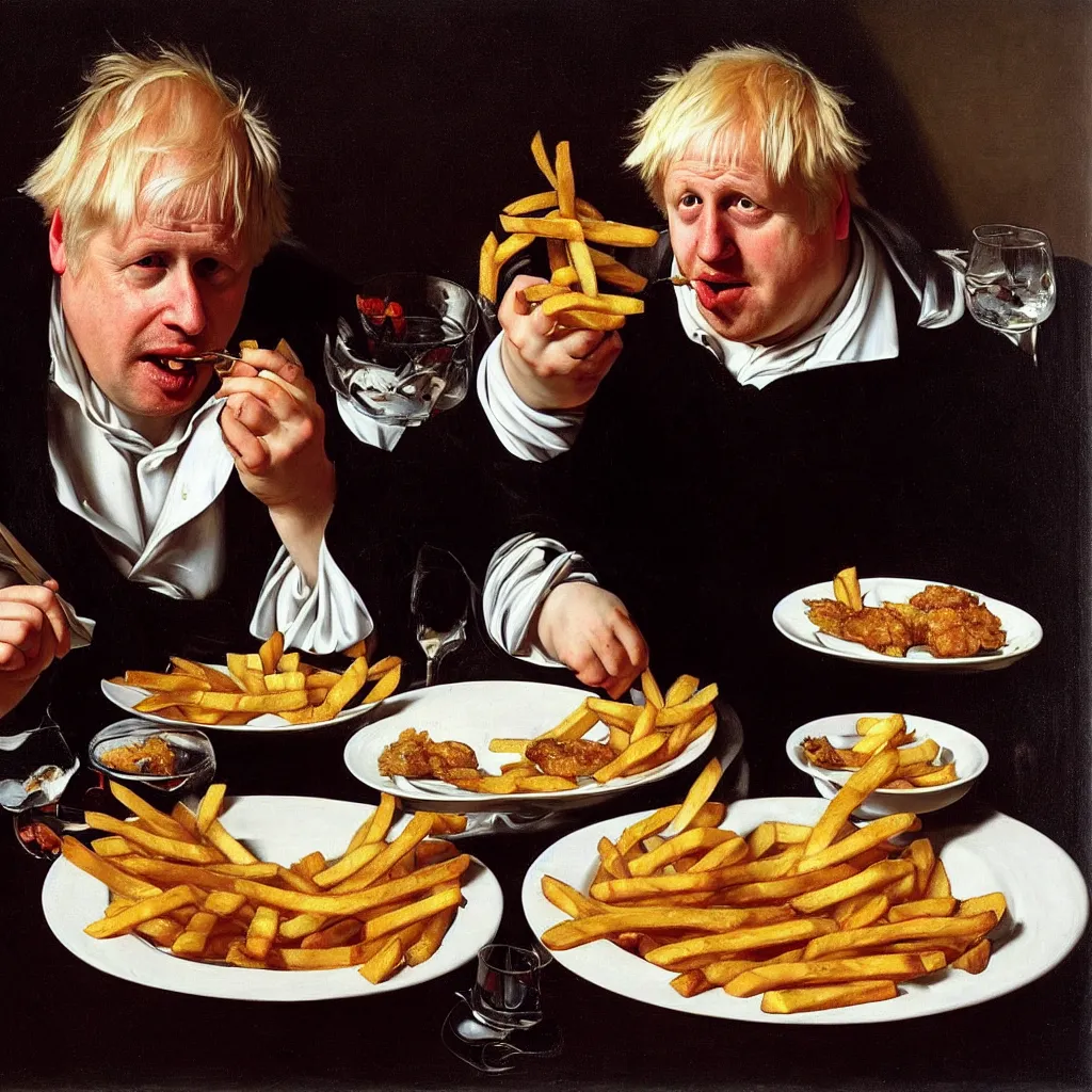 Prompt: portrait of boris johnson eating a plate of deep fried fish and french fries, caravaggio