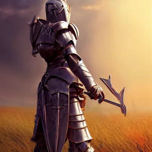 Image similar to a divine templar in heavy armor standing in a field, au naturel, hyper detailed, digital art, trending in artstation, cinematic lighting, studio quality, smooth render, unreal engine 5 rendered, octane rendered, art style by klimt and nixeu and ian sprigger and wlop and krenz cushart