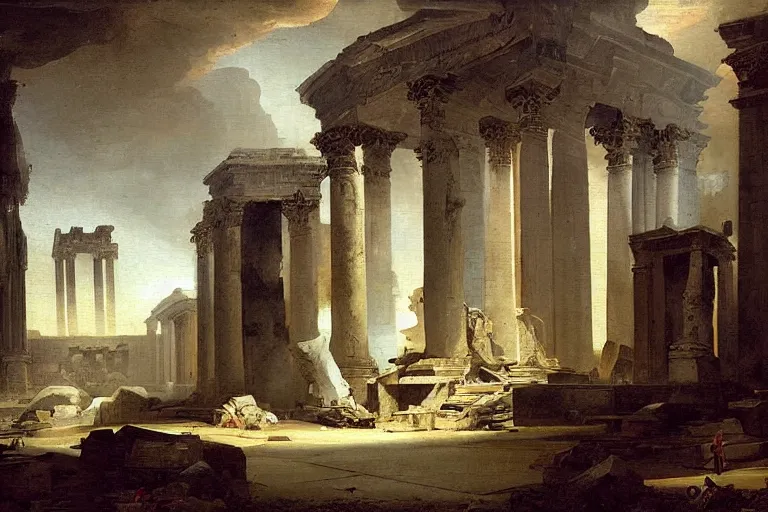 Image similar to starship painting spaceship crashed into rome temple by hubert robert detailed