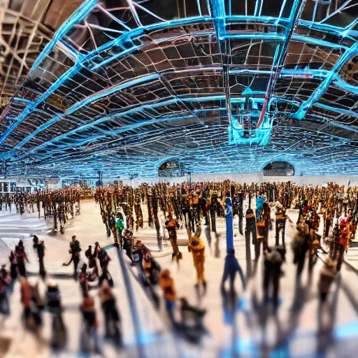 Image similar to crane shot of large group people in open warehouse, looking at hologram of futuristic city on a table, cinematic still, godrays, golden hour, natural sunlight, 4 k, clear details, tabletop model buildings, tabletop model, ethereal hologram center, crane shot, crane shot, rule of thirds