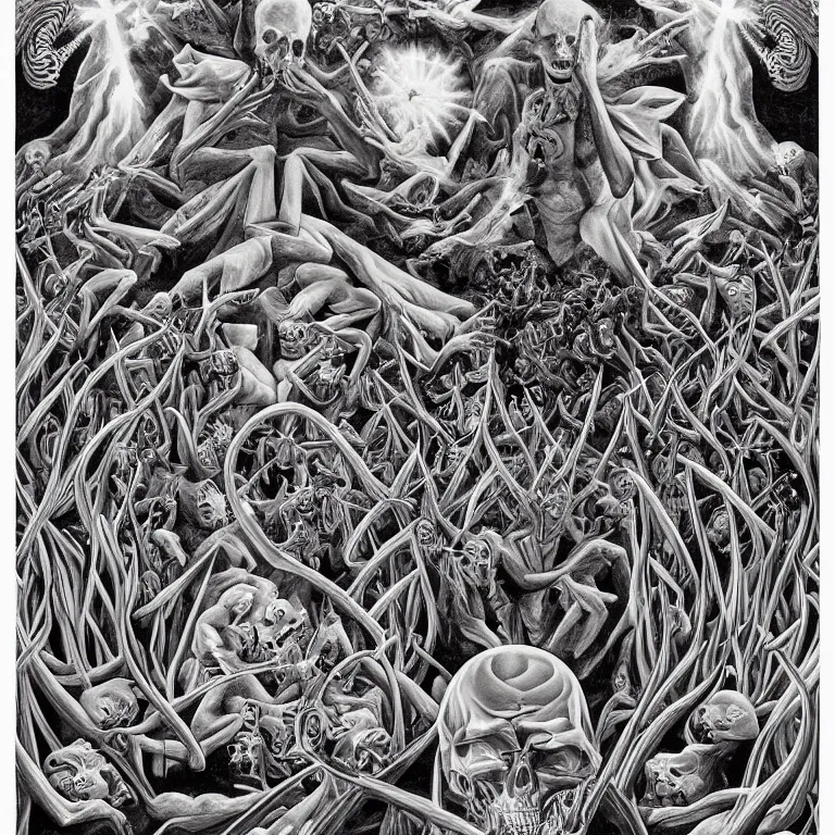 Image similar to meditation on death by Alex Grey and M. C. Escher collaboration