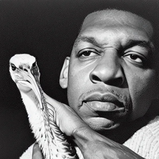 Prompt: john coltrane snuggling an ostrich