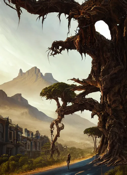 Image similar to hyper realistic robot attacking cape town city beautiful details, gnarly trees, strong composition, poster painted by greg rutkowski, concept art, arcane style, hearthstone wizards of the coast norman rockwell, james gurney and greg rutkowski weta studio, and lucasfilm and best of artstation