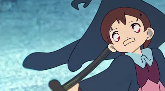 Image similar to Anime Screenshot of a LITTLE WITCH ACADEMIA AKKO HOLDING A KATANA at night, strong blue rimlit, visual-key, Nighttime Moonlit, anime illustration BY STUDIO TRIGGER