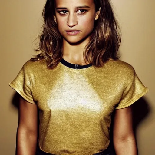 Image similar to Alicia Vikander wearing a gold t-shirt