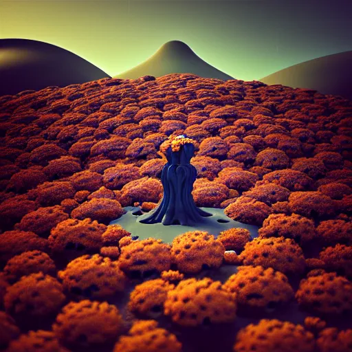 Image similar to desolate landscape fill with giant flowers, moody :: by James Jean, Jeff Koons, Dan McPharlin Daniel Merrian :: ornate, dynamic, particulate, rich colors, intricate, elegant, highly detailed, centered, artstation, smooth, sharp focus, octane render, 3d