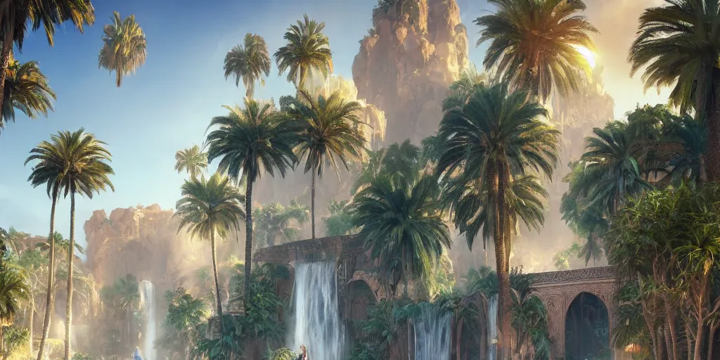 Image similar to beautiful oasis waterfalls surrounded by palm trees moroccan tile archways, date trees, ivory towers sunset peter morbacher ross tran angelarium greg rutkowski alchemy luxury heavenly light soft illumination, trending on artstation cinematic lighting digital painting octane render, artgerm