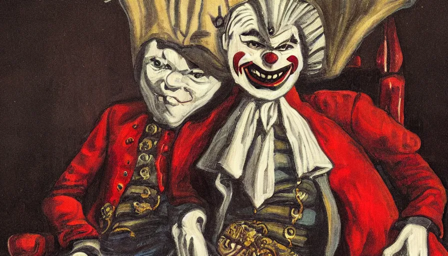 Image similar to a vampire sitting on a throne in his castle during the american revolution. he is surrounded by paintings and is wearing a bright clown emoji mask. character design by john and ai