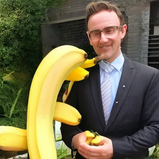 Image similar to a man wearing a suit banana head