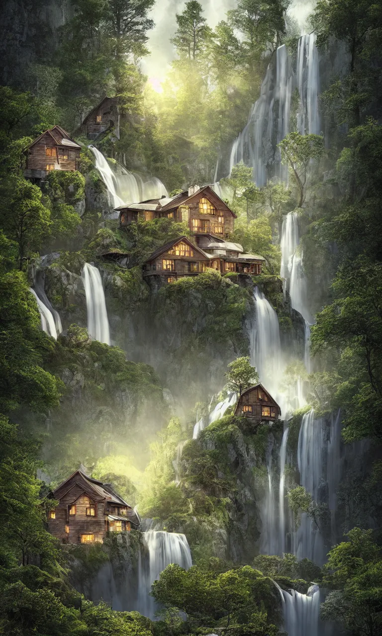 Image similar to beautiful large scandinavian house in the forest on a hill, a large waterfall flows down from the mountain in the background, vector art, fabulous, hyper detailed, random cinematic view, no noise, global illumination, warm lighting, volumetric, godrays, vivid, by jordan grimmer