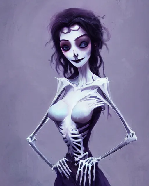 Image similar to elegant mysterious gracious undead victoria everglot from the corpse bride, portrait, illustration, the land of the death, skeletal hand, rim light, top light, summer clear blue sky, perfectly shaded, soft painting, art by krenz cushart and wenjun lin