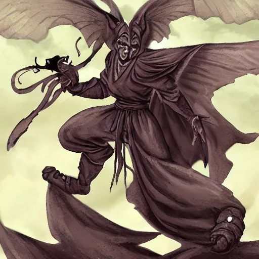 Image similar to winged daemon monk, disney's gargoyles, chaos magic, unarmed combat, fierce opponent, adventure, art station, anime energy, fantasy concept